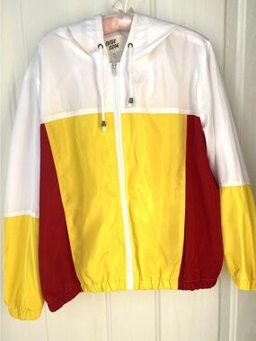 Outer Edge White, Yellow & Red Colorblock Hooded Windbreaker Sz XL Unisex